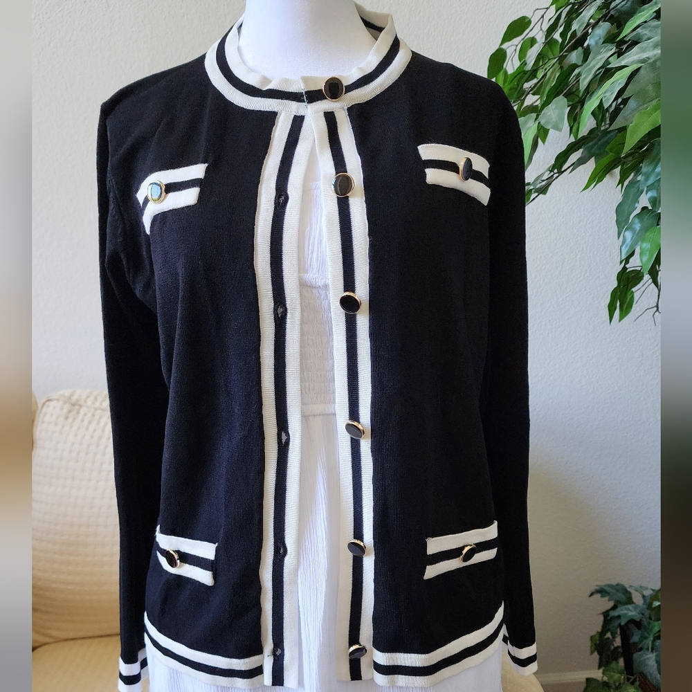 3 for $45 Button Down Black Knit Cardigan with 3/4 Sleeve and White Trim(size M)